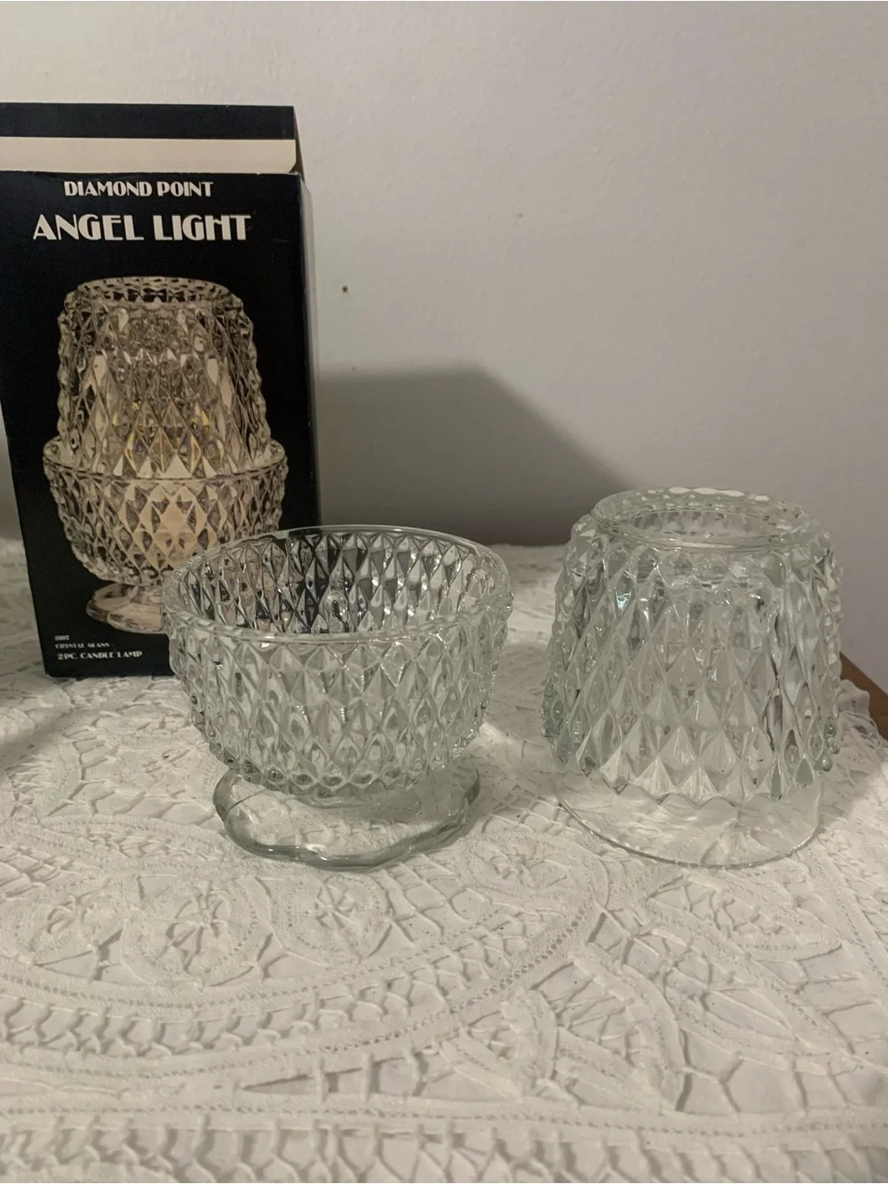Vintage Indiana Glass Diamond Point Fairy Lamp Clear Base w Original Box